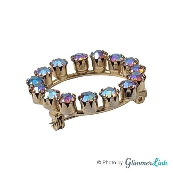 Vintage Aurora Borealis AB Rhinestones Infinity Circle Wreath Gold Tone Brooch - Picture 6 of 9